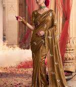 Heavy aari work satin saree for women mustard party wear