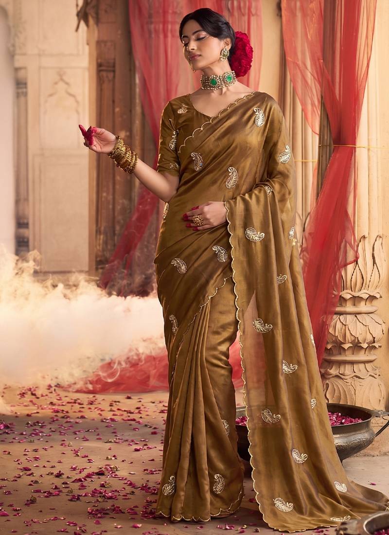 Heavy aari work satin saree for women mustard party wear