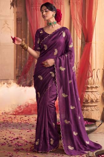 Heavy aari work satin saree for women wine party wear