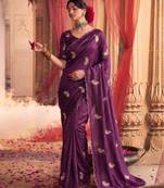 Heavy aari work satin saree for women wine party wear