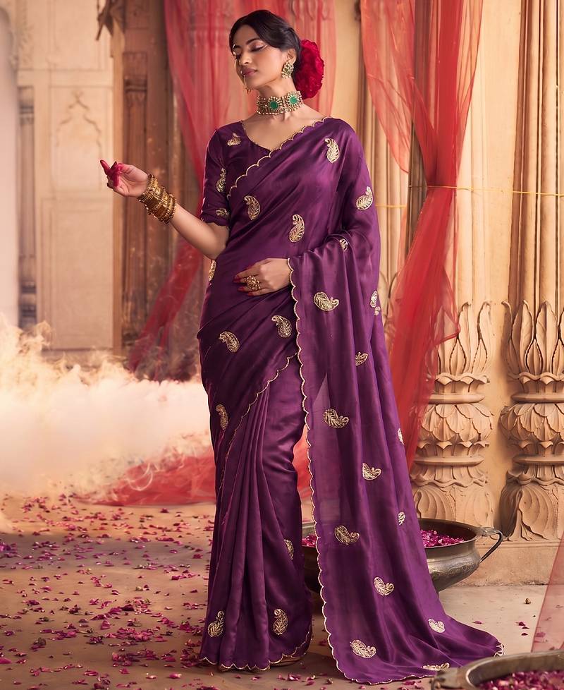 Heavy aari work satin saree for women wine party wear