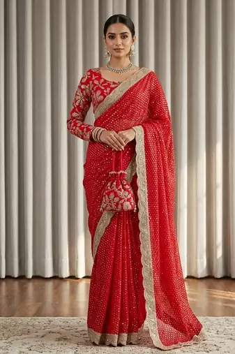 red georgette sequin saree with stitched blouse