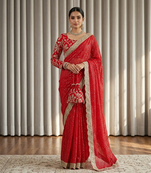 red georgette sequin saree with stitched blouse