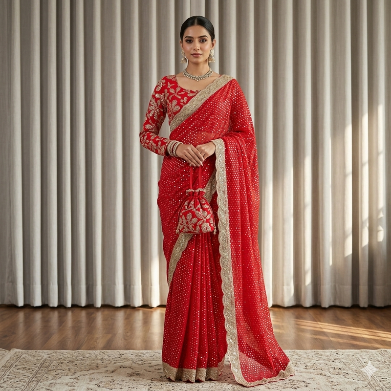 red georgette sequin saree with stitched blouse