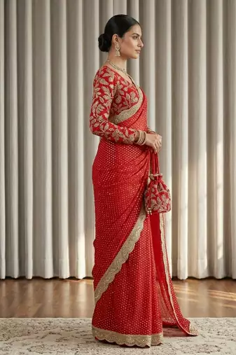 red georgette sequin saree with stitched blouse