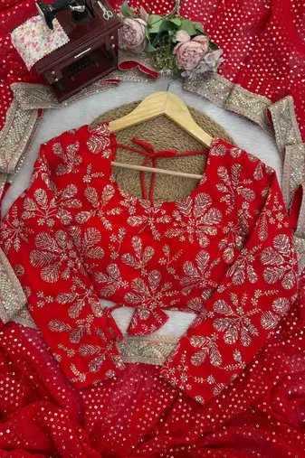 red georgette sequin saree with stitched blouse