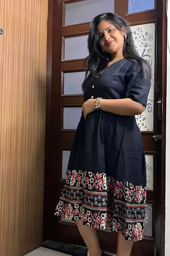 Women's rayon printed designer black casual flared dress