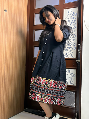 Women's rayon printed designer black casual flared dress 3