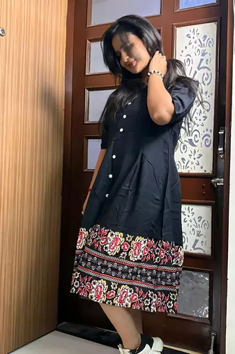 Women's rayon printed designer black casual flared dress