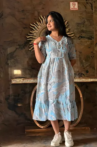 Women's rayon printed designer casual flared dress 