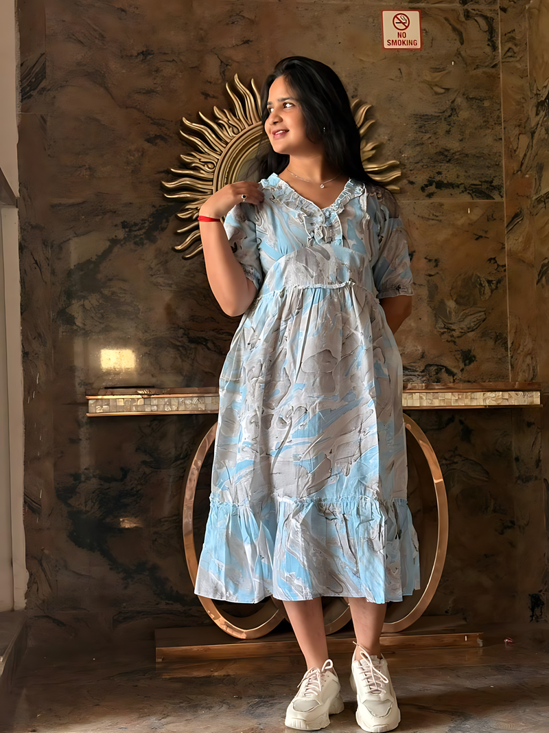 aqua-blue rayon printed dress