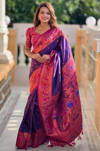 Soft paithani silk blend saree with zari weaving meenakari motif design