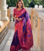 Soft paithani silk blend saree with zari weaving meenakari motif design