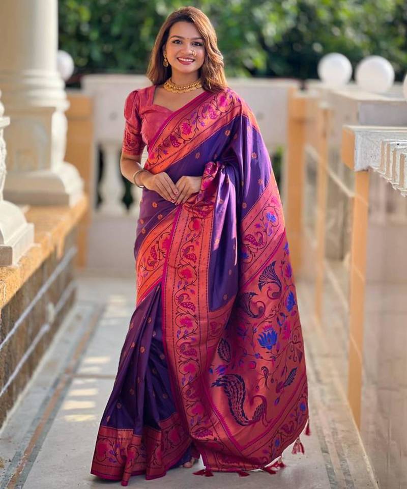 Soft paithani silk blend saree with zari weaving meenakari motif design