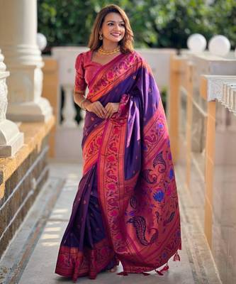 Soft paithani silk blend saree with zari weaving meenakari motif design 2