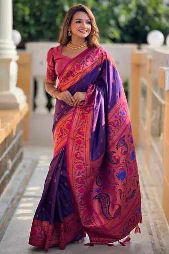 Soft paithani silk blend saree with zari weaving meenakari motif design
