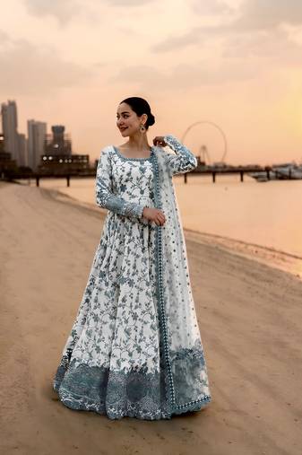 White and Green Faux Georgette Embroidered Gown Set with Organza Silk Dupatta
