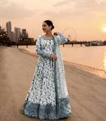 White and Green Faux Georgette Embroidered Gown Set with Organza Silk Dupatta