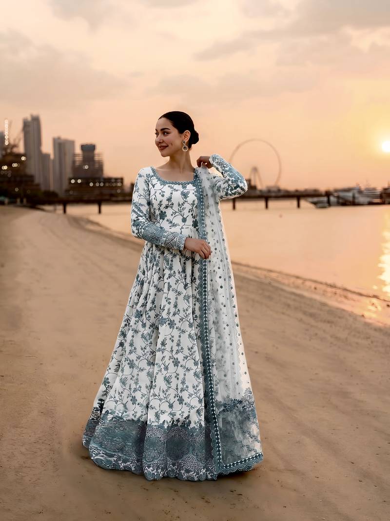 White and Green Faux Georgette Embroidered Gown Set with Organza Silk Dupatta