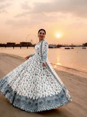 White and Green Faux Georgette Embroidered Gown Set with Organza Silk Dupatta 2