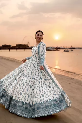 White and Green Faux Georgette Embroidered Gown Set with Organza Silk Dupatta
