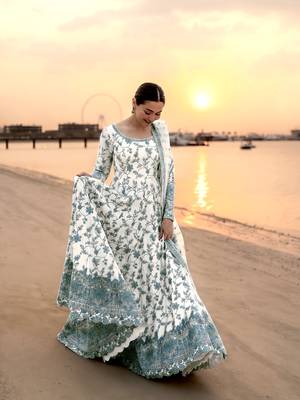 White and Green Faux Georgette Embroidered Gown Set with Organza Silk Dupatta 3