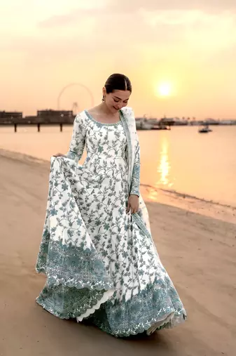 White and Green Faux Georgette Embroidered Gown Set with Organza Silk Dupatta