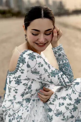 White and Green Faux Georgette Embroidered Gown Set with Organza Silk Dupatta