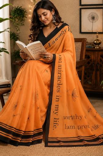 orange black chanderi cotton printed party wear festive 1 minute pre-stitched saree piece