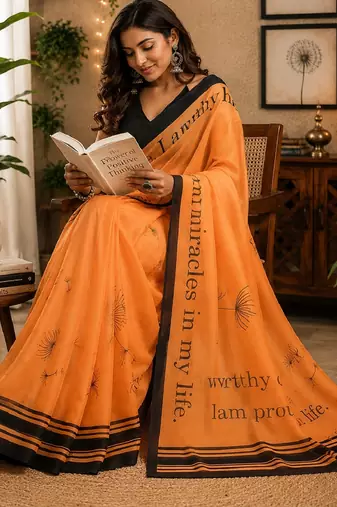 orange black chanderi cotton printed party wear festive 1 minute pre-stitched saree piece