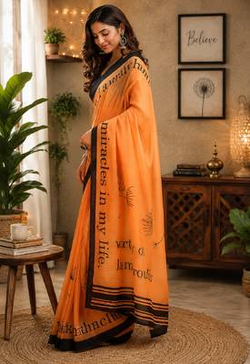 orange black chanderi cotton printed party wear festive 1 minute pre-stitched saree piece 3