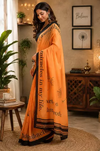 orange black chanderi cotton printed party wear festive 1 minute pre-stitched saree piece
