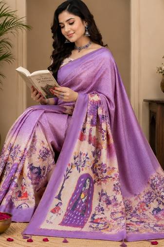 lavendr cream chanderi cotton printed party wear festive 1 minute ready to wear saree with unstitched blouse piece