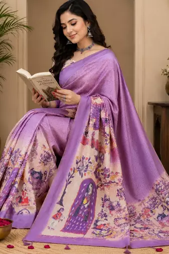 lavendr cream chanderi cotton printed  party wear festive 1 minute ready to wear saree with unstitched blouse piece