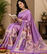 lavendr cream chanderi cotton printed  party wear festive 1 minute ready to wear saree with unstitched blouse piece