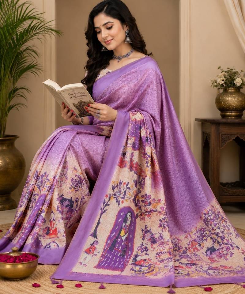 lavendr cream chanderi cotton printed  party wear festive 1 minute ready to wear saree with unstitched blouse piece