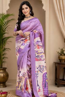 lavendr cream chanderi cotton printed party wear festive 1 minute ready to wear saree with unstitched blouse piece 2