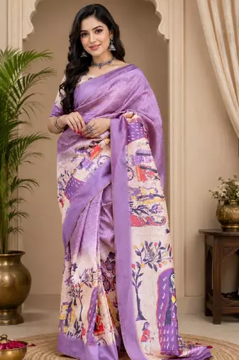 lavendr cream chanderi cotton printed  party wear festive 1 minute ready to wear saree with unstitched blouse piece
