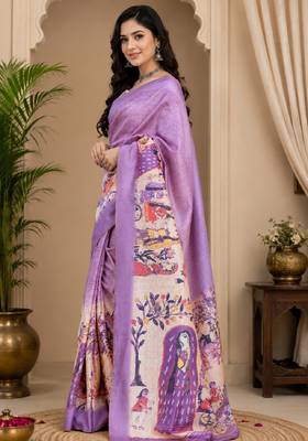 lavendr cream chanderi cotton printed party wear festive 1 minute ready to wear saree with unstitched blouse piece 3