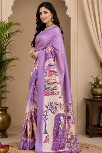 lavendr cream chanderi cotton printed  party wear festive 1 minute ready to wear saree with unstitched blouse piece