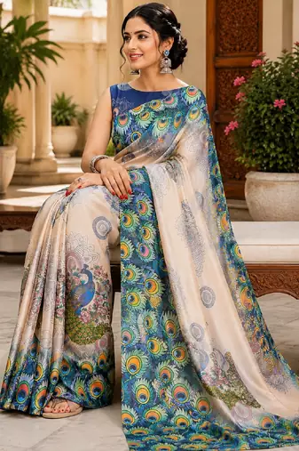 beage blue chanderi cotton printed  party wear festive 1 minute ready to wear saree with unstitched blouse piece