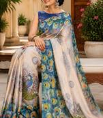 beage blue chanderi cotton printed  party wear festive 1 minute ready to wear saree with unstitched blouse piece