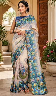 beage blue chanderi cotton printed party wear festive 1 minute ready to wear saree with unstitched blouse piece 2