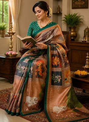 cram green chanderi cotton printed party wear festive 1 minute ready to wear saree with unstitched blouse piece 1