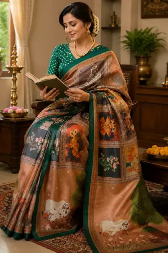 cram green chanderi cotton printed  party wear festive 1 minute ready to wear saree with unstitched blouse piece