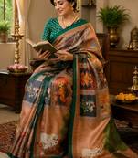 cram green chanderi cotton printed  party wear festive 1 minute ready to wear saree with unstitched blouse piece