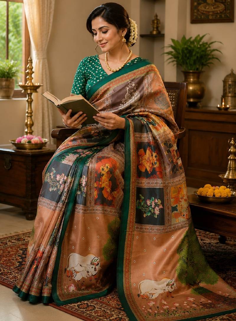 cram green chanderi cotton printed  party wear festive 1 minute ready to wear saree with unstitched blouse piece