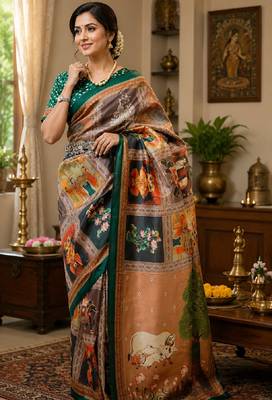 cram green chanderi cotton printed party wear festive 1 minute ready to wear saree with unstitched blouse piece 2