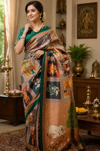 cram green chanderi cotton printed party wear festive 1 minute ready to wear saree with unstitched blouse piece