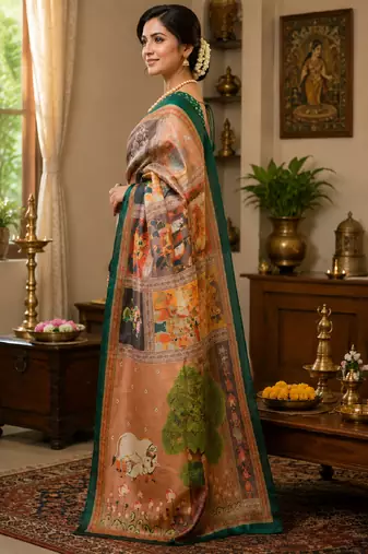 cram green chanderi cotton printed party wear festive 1 minute ready to wear saree with unstitched blouse piece